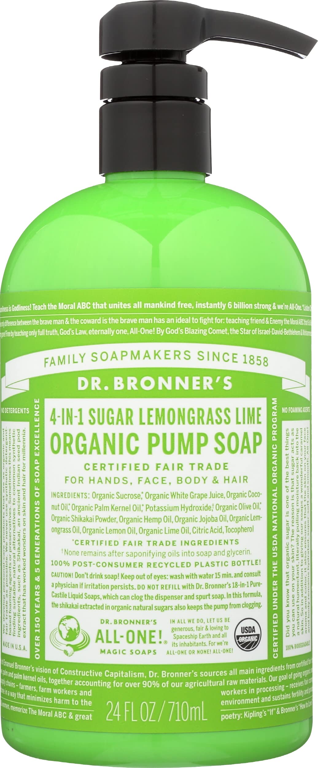 Dr. Bronner's Sugar Lemongrass Lime pump soap for hands and body, vegan formula.