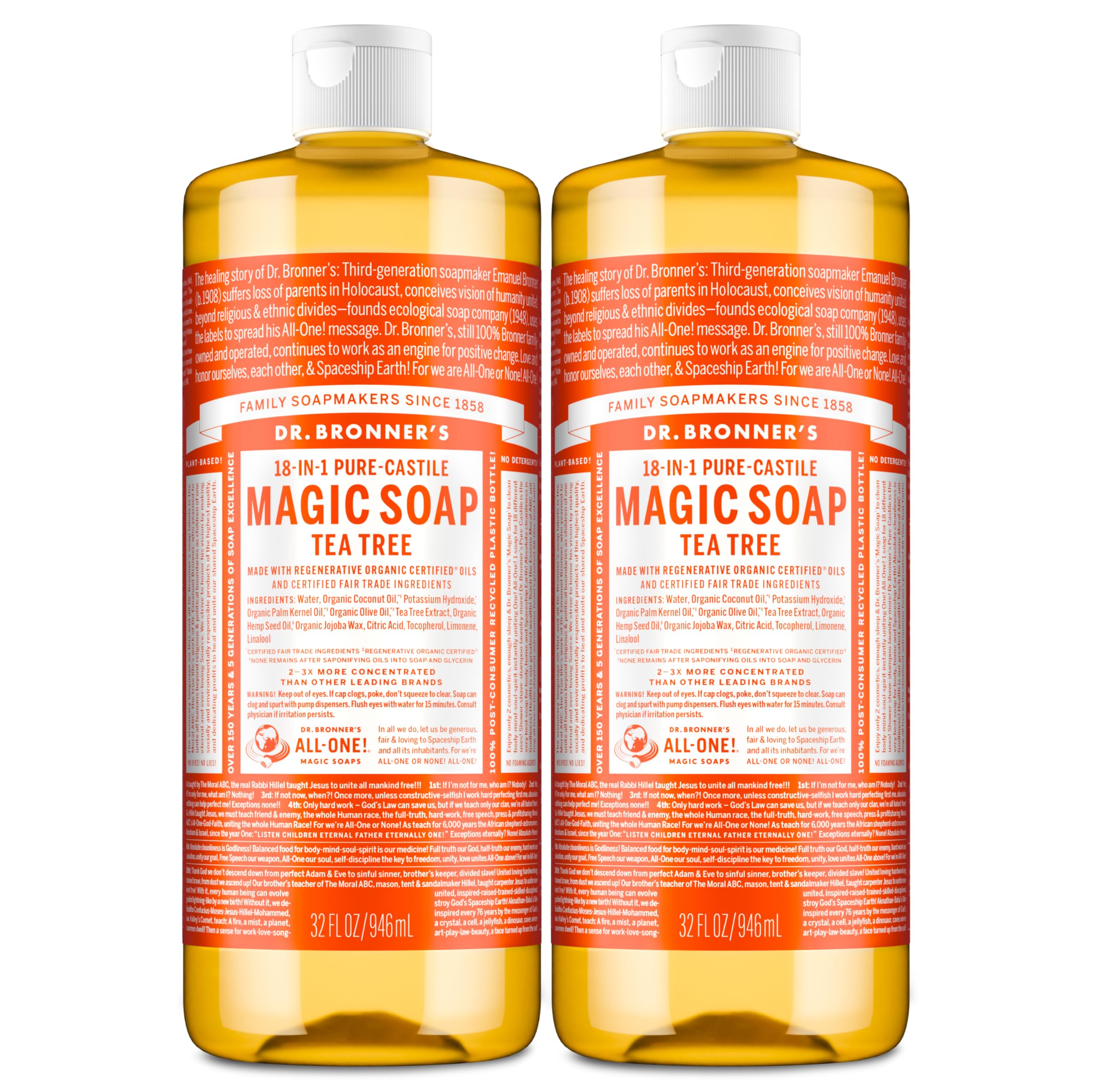 Dr. Bronner's Tea Tree Pure-Castile soap bottle 32oz 2-pack for versatile cleaning.