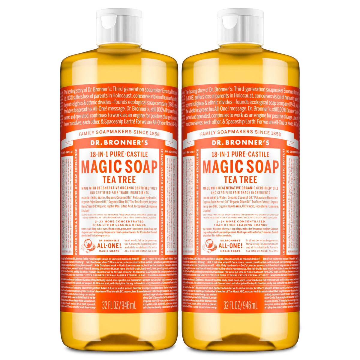 Dr. Bronner's Tea Tree Pure-Castile soap bottle 32oz 2-pack for versatile cleaning.
