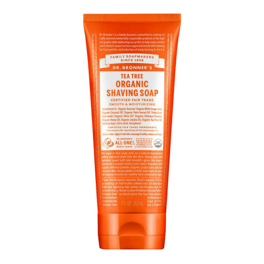 Dr. Bronner's Tea Tree Shave Gel bottle 7oz for smooth, hydrated shaving.