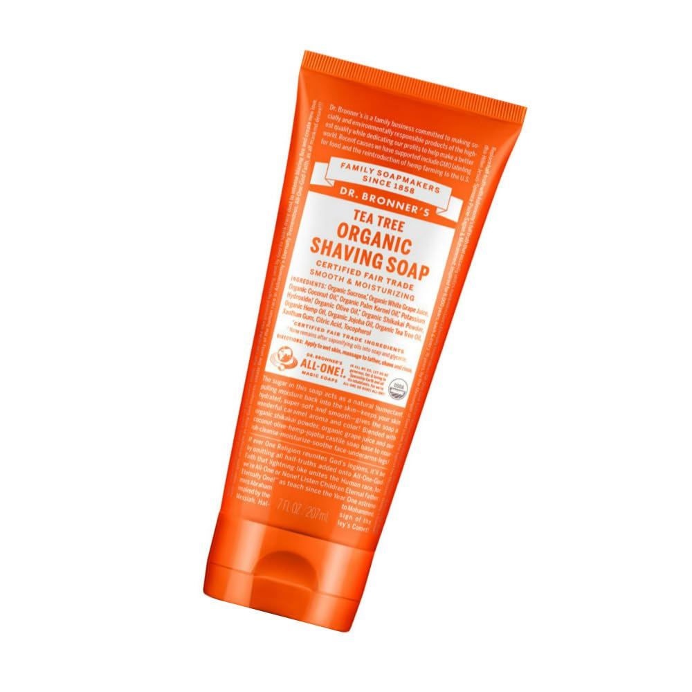 Dr. Bronner's Tea Tree Shave Gel pump dispenser enables easy, mess-free lather.