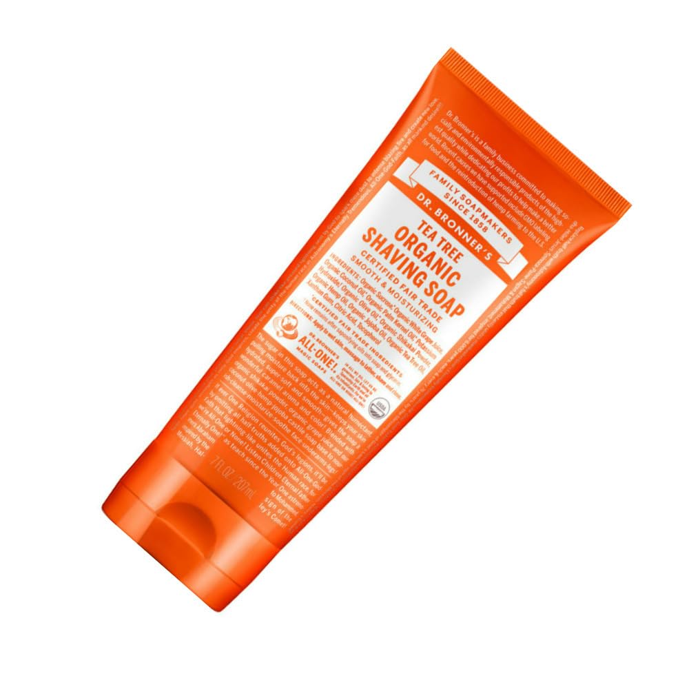 Dr. Bronner's Tea Tree Shave Gel with refreshing tea tree scent.