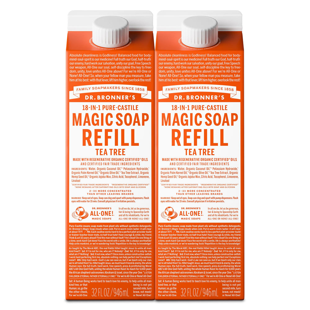 Dr. Bronner's Tea Tree Soap refill bottle shows concentrated formula for versatile cleaning.