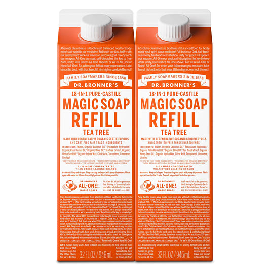 Dr. Bronner's Tea Tree Soap refill bottle shows concentrated formula for versatile cleaning.