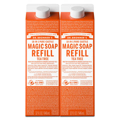 Dr. Bronner's Tea Tree Soap refill bottle shows concentrated formula for versatile cleaning.