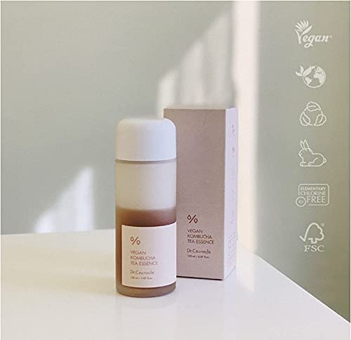 Packaging box close-up for Dr. Ceuracle Kombucha Tea Essence emphasizing vegan skincare