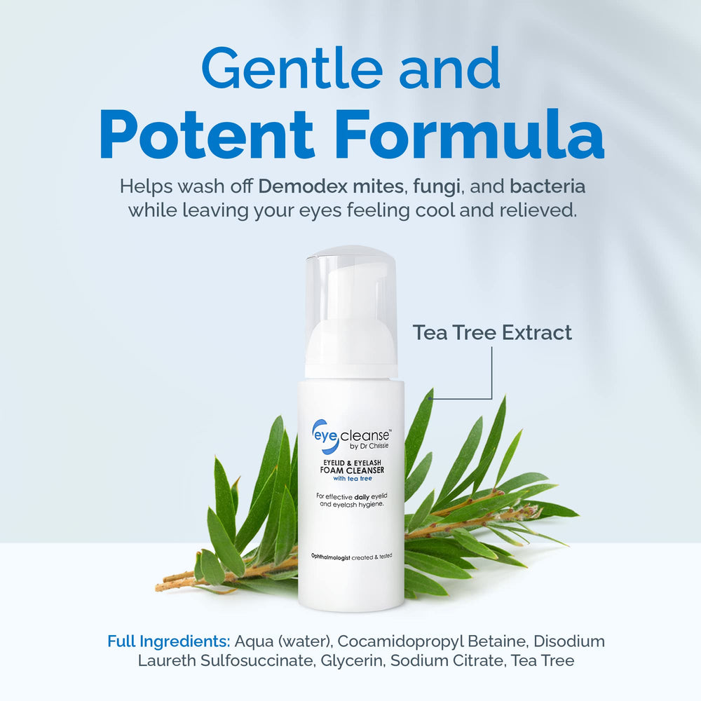 Tea tree ingredient glass bottle highlighting natural cleansing for sensitive eyes