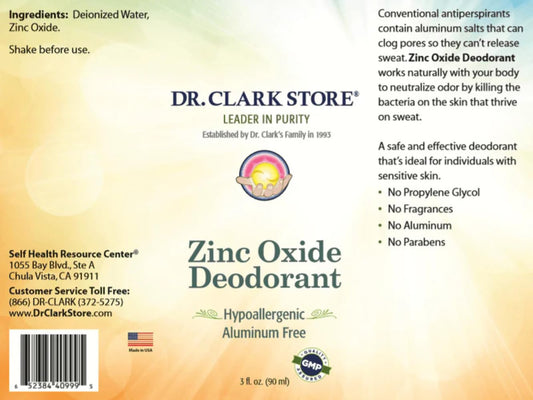 Dr Clark Zinc Oxide Roll-On Deodorant bottle front label shows aluminum-free formula for sensitive skin