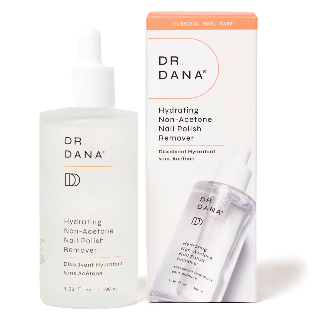 Dr. Dana Beauty non acetone remover bottle showing gentle polish removal and hydration.