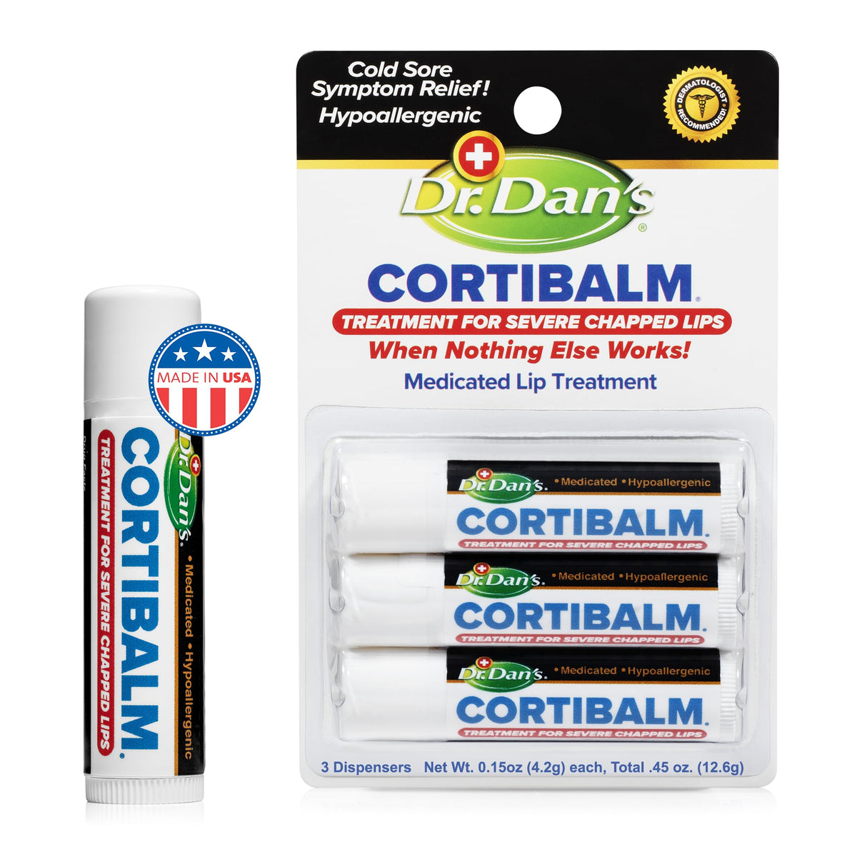 Dr. Dan's Cortibalm 3-pack box front showing packaging and branding.