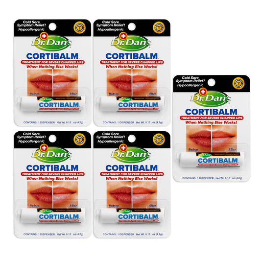 Dr. Dan's Cortibalm 5-pack pack shot showing a five-tube lip care kit