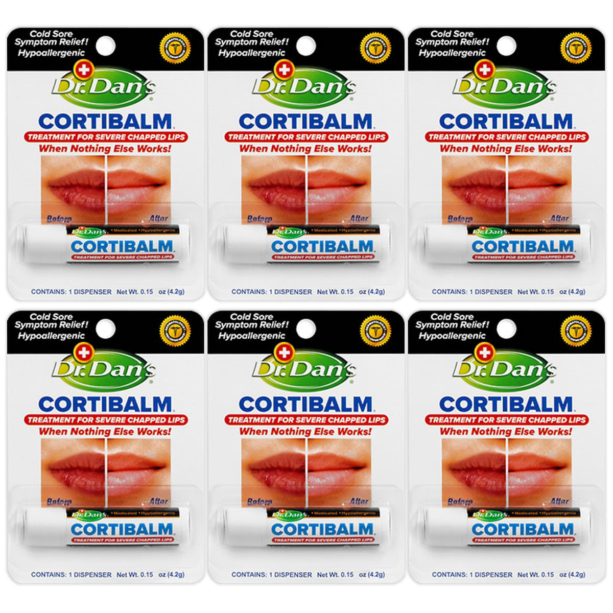 Dr. Dan's Cortibalm 6-pack pack-shot highlighting convenient lip care for dry lips