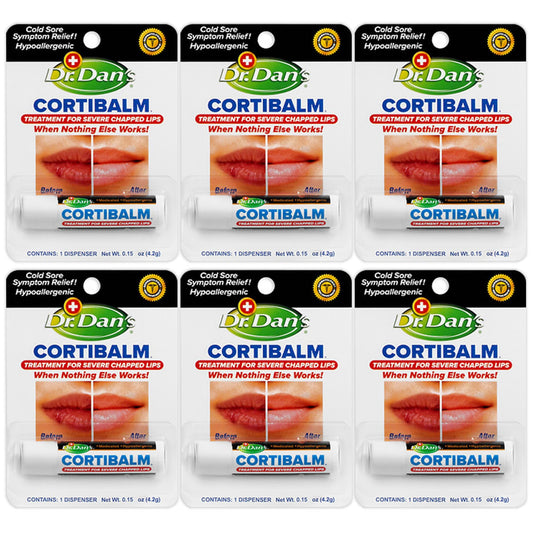 Dr. Dan's Cortibalm 6-pack pack-shot highlighting convenient lip care for dry lips