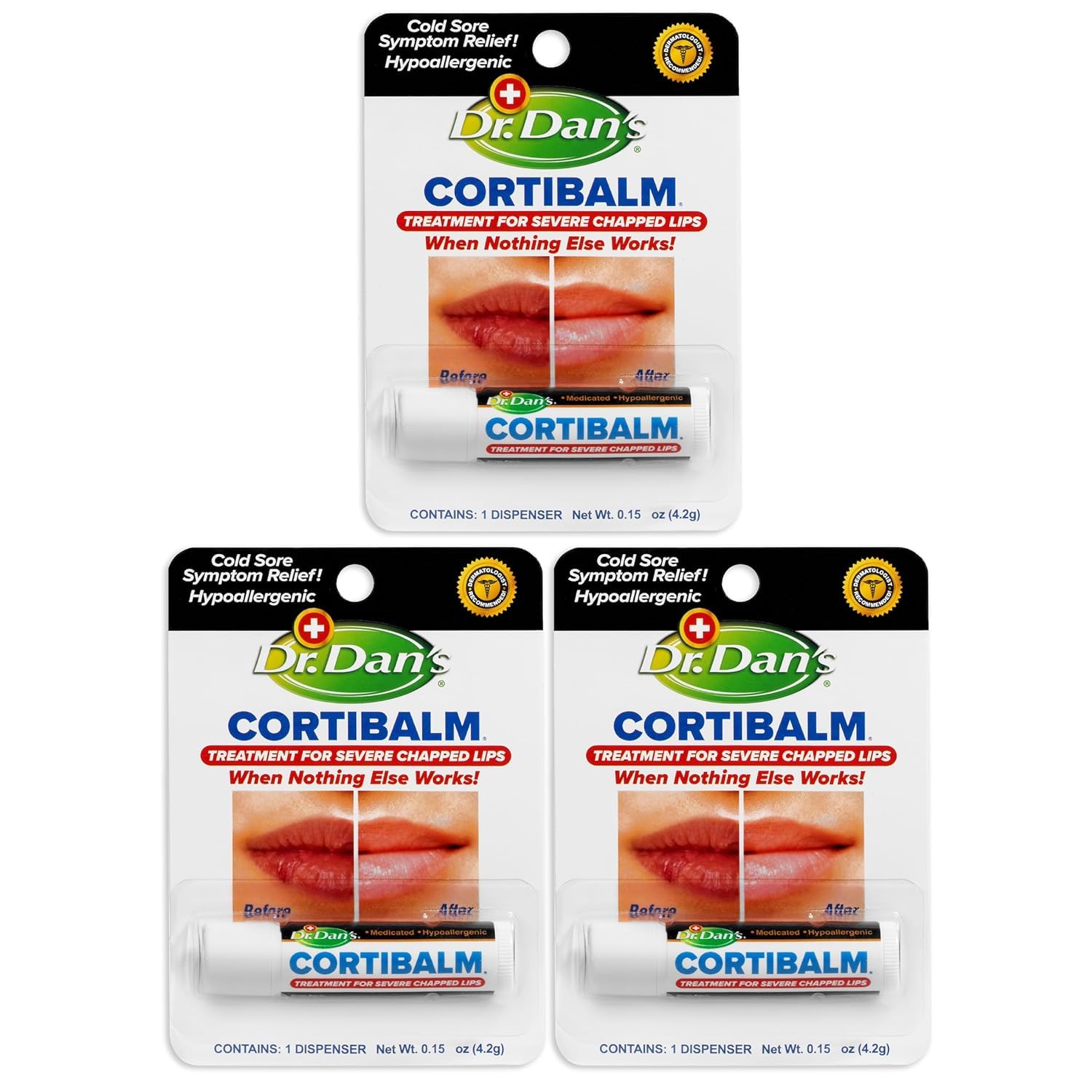 Dr. Dan's Cortibalm packaging shows portable lip care for on-the-go hydration