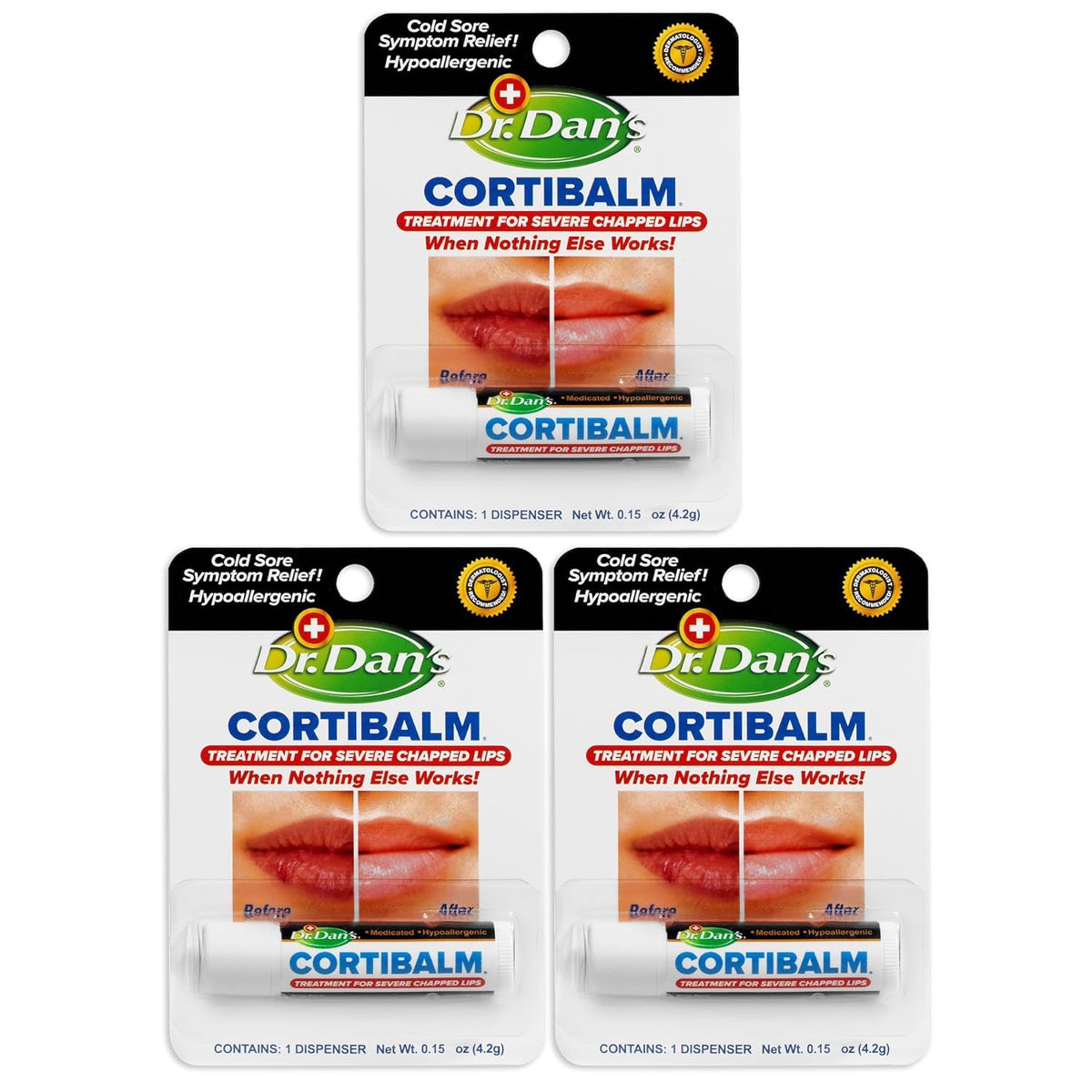 Dr. Dan's Cortibalm packaging shows portable lip care for on-the-go hydration