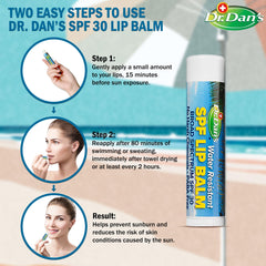 Dr. Dan's SPF 30 lip balm ingredients highlight hypoallergenic minerals and Vitamin E.
