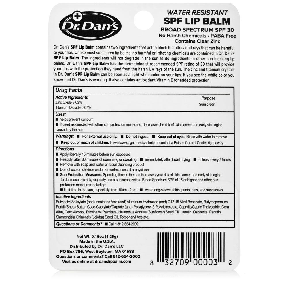Dr. Dan's SPF 30 lip balm travel-friendly packaging for daily use.