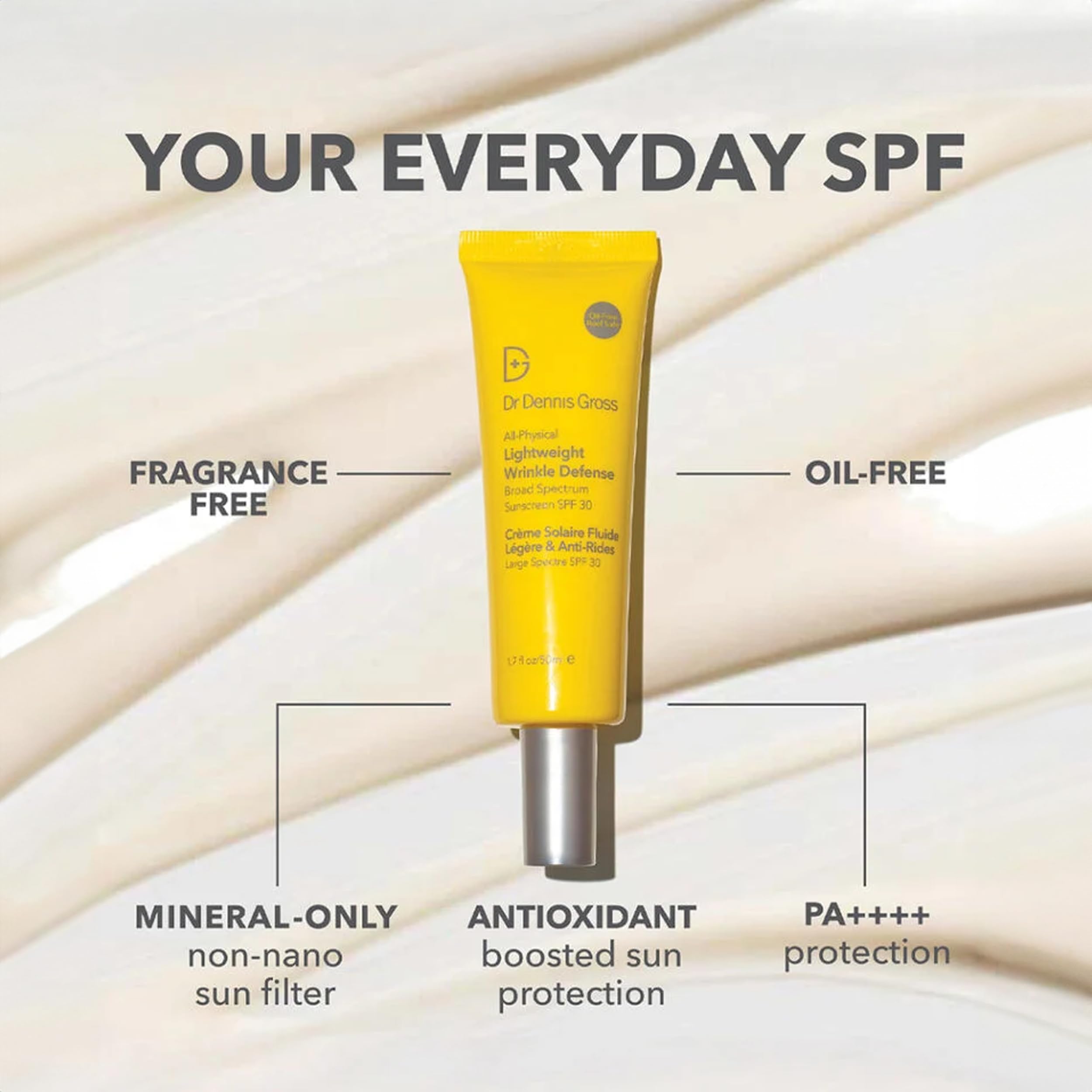 Dr Dennis Gross All-Physical sunscreen swatch on skin shows clear, non-greasy finish.