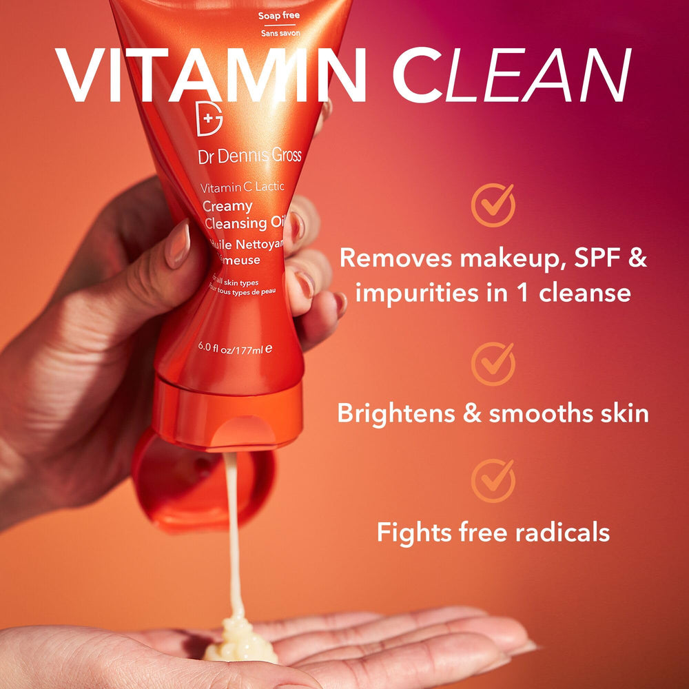 Dr Dennis Gross cleansing oil transforms with water into a milky emulsion for gentle cleansing.