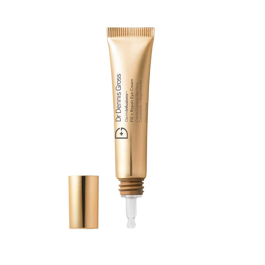 Dr Dennis Gross DermInfusions Fill Repair Eye Cream bottle close-up shows hydrating formula.