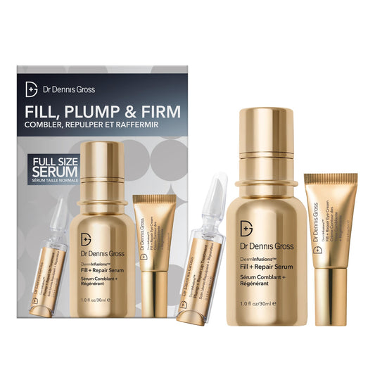 Dr Dennis Gross Fill Serum bottle with hyaluronic acid delivers hydration for plump, smoother skin.