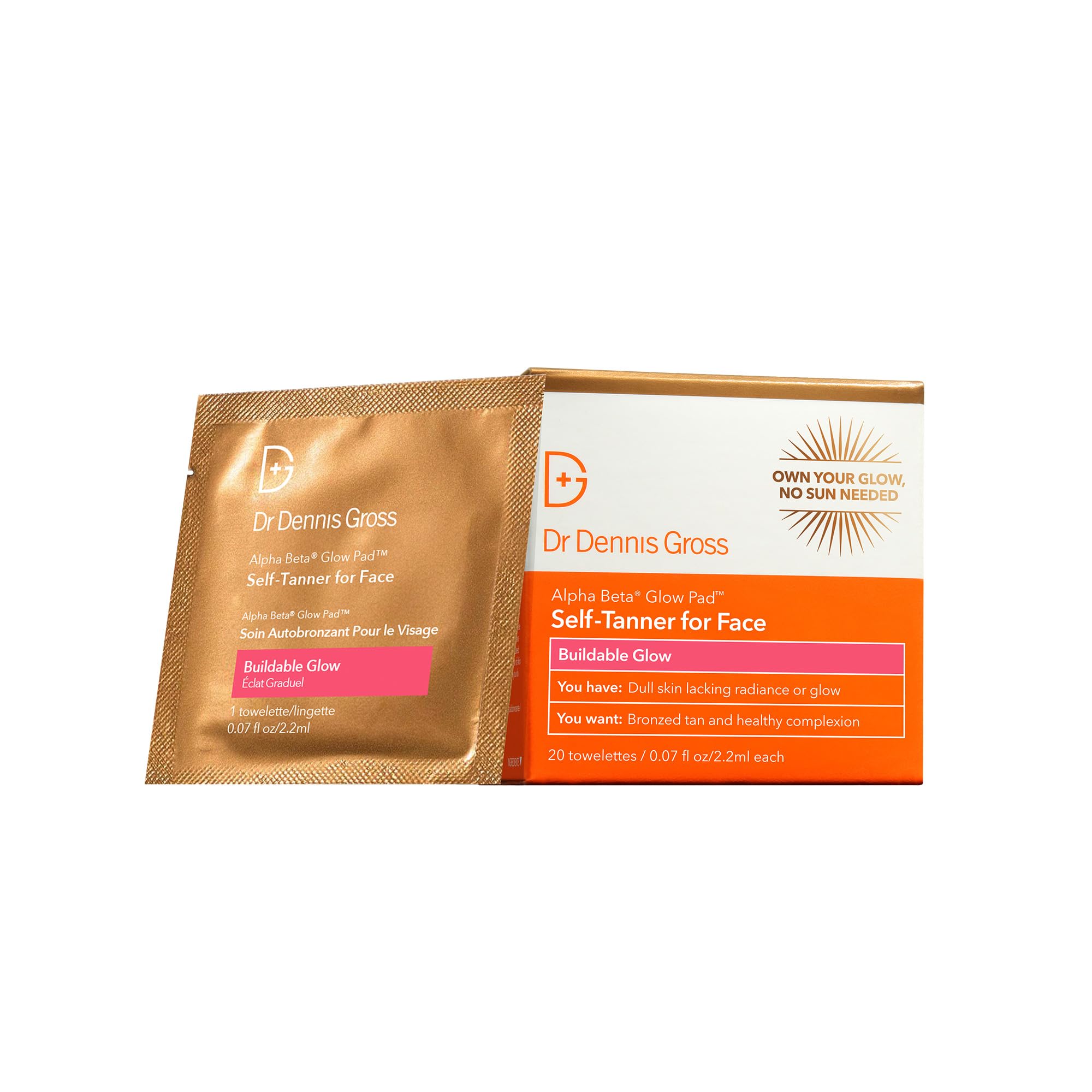 Dr Dennis Gross Glow Pad 20-pack front display for sunless, buildable glow.