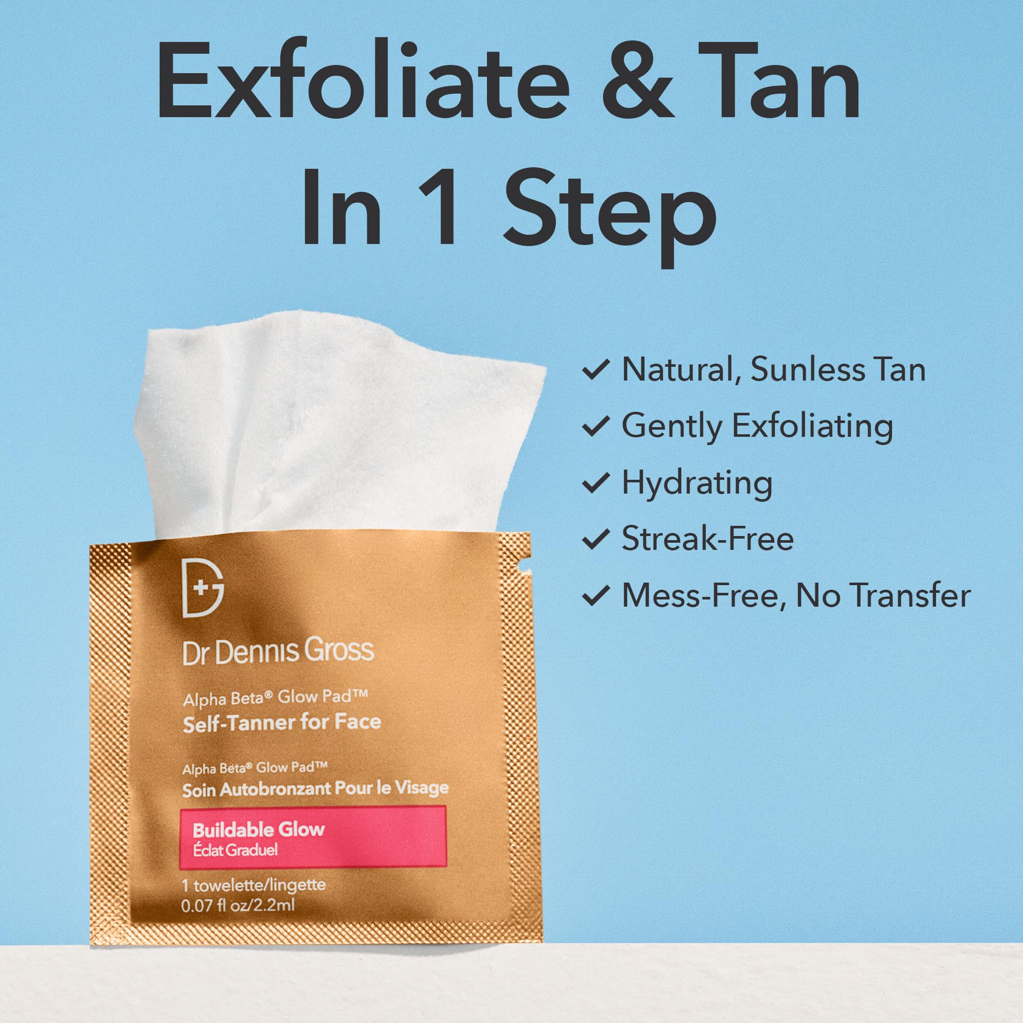 Dr Dennis Gross Glow Pad close-up showing quick-dry towelettes during application.