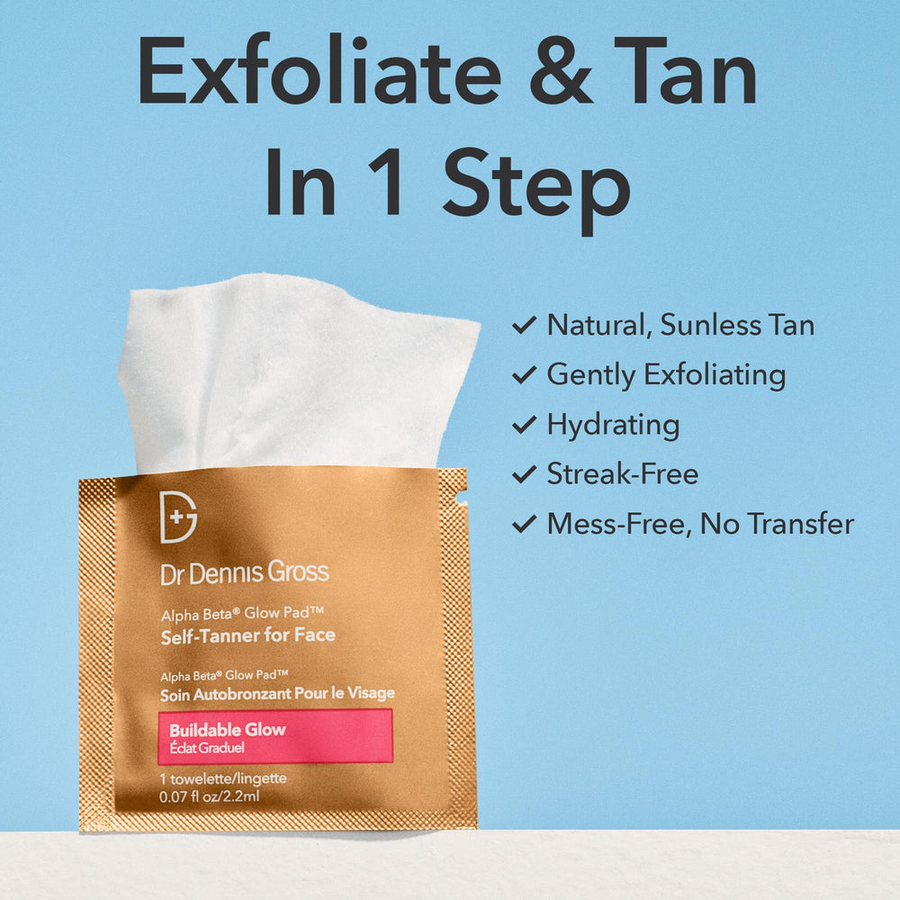 Dr Dennis Gross Glow Pad close-up showing quick-dry towelettes during application.