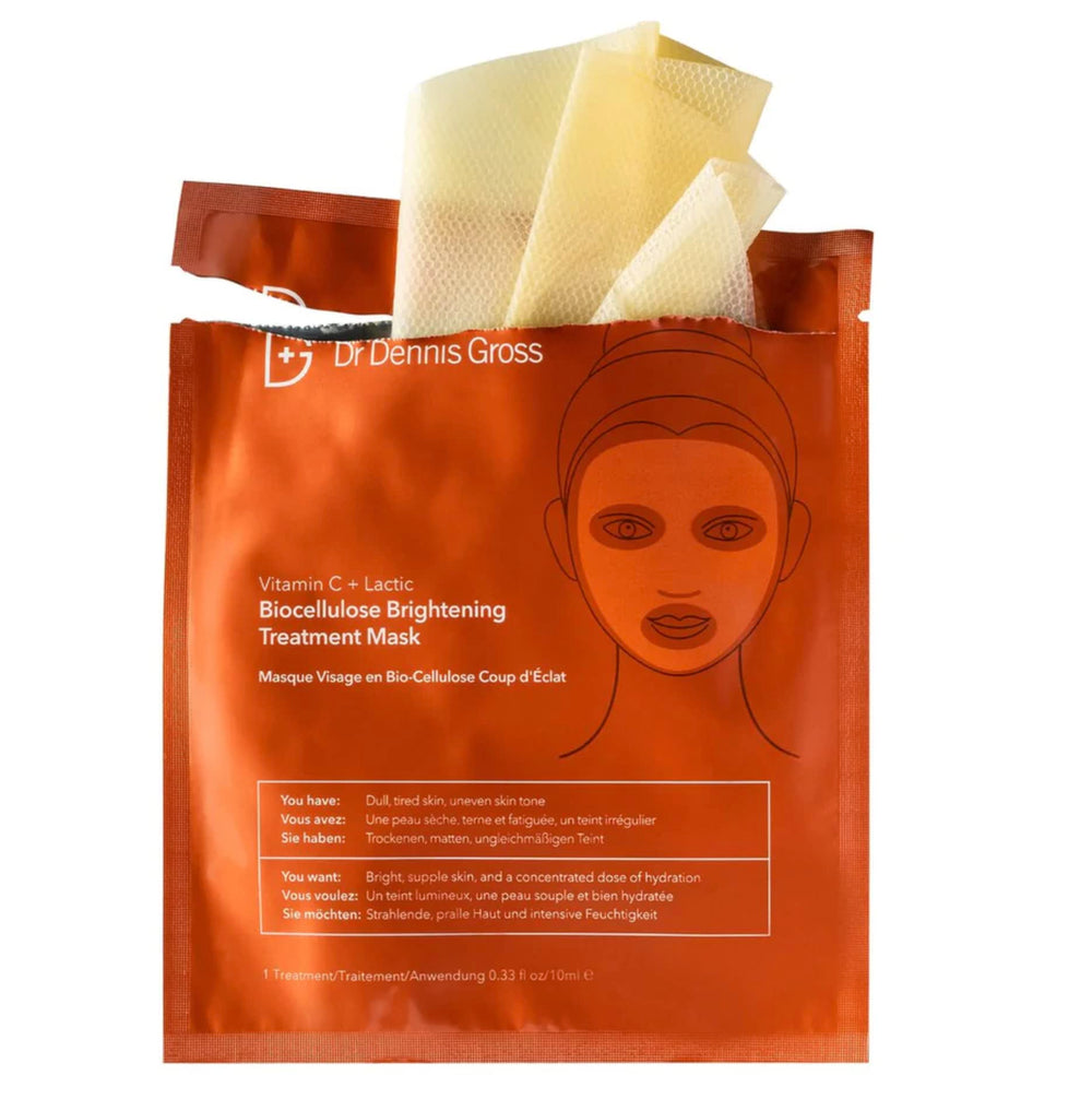 Dr Dennis Gross Vitamin C Lactic Biocellulose Mask close-up showing brightening potential.