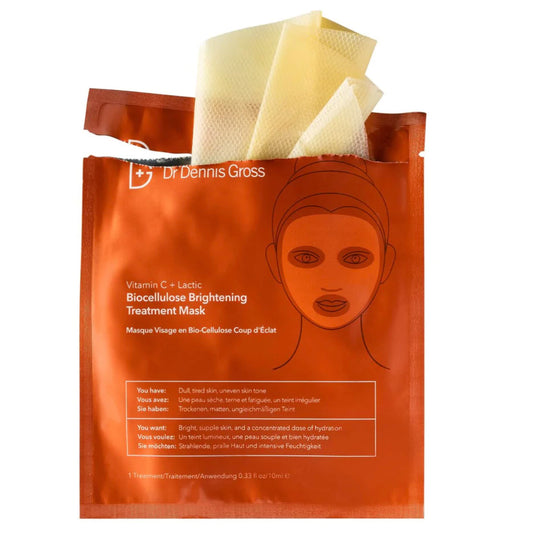 Dr Dennis Gross Vitamin C Lactic Biocellulose Mask close-up showing brightening potential.