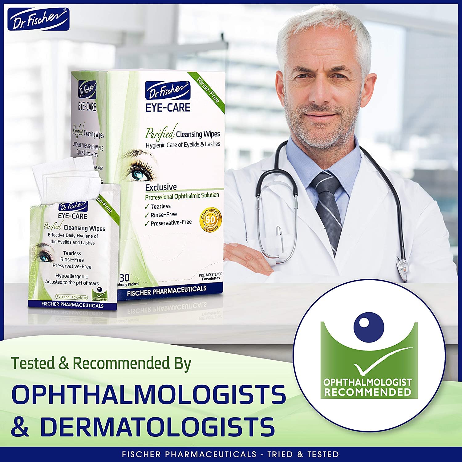 Dr. Fischer eyelid wipes applied to eye area for makeup removal