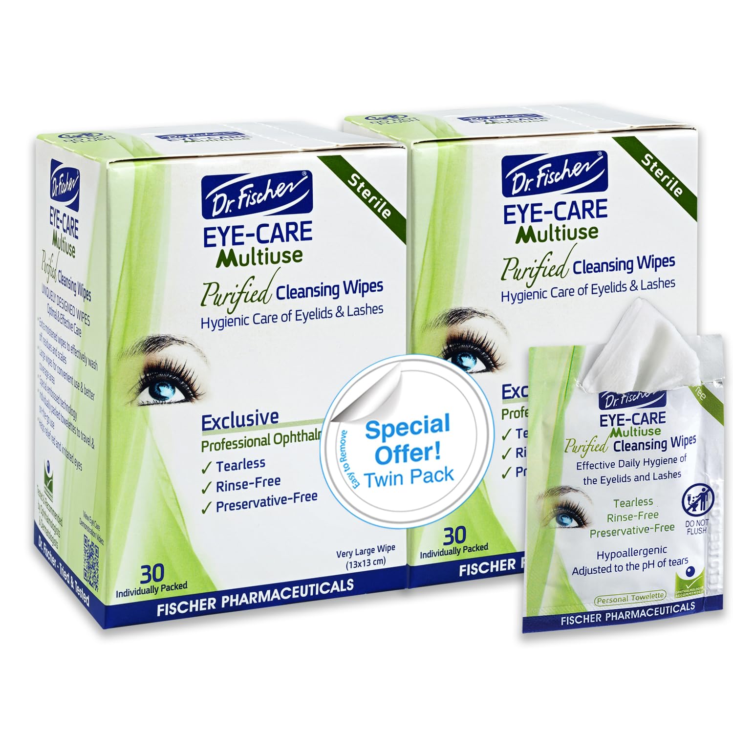 Dr. Fischer eyelid wipes pack shot showing purified, gentle cleansing