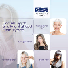 Close-up of violet formula counteracting brassiness on silver strands