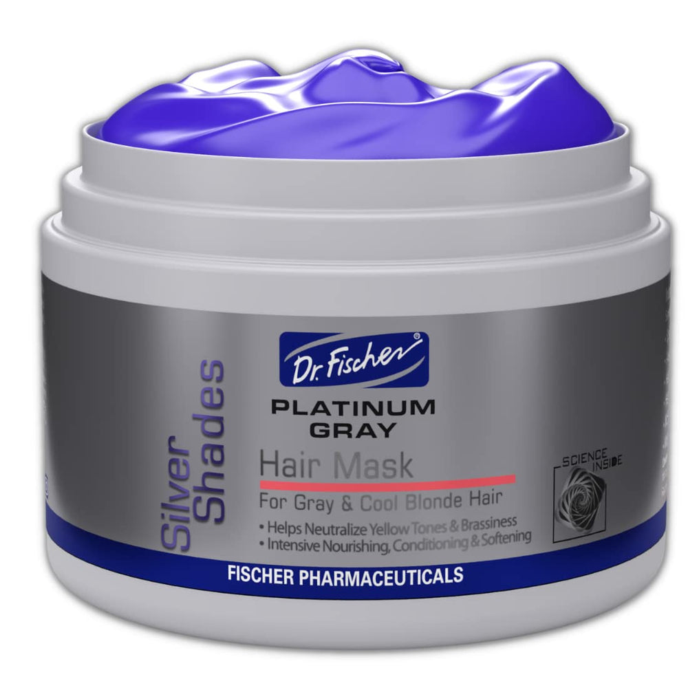 Dr. Fischer Purple Mask bottle neutralizing yellow tones on silver hair