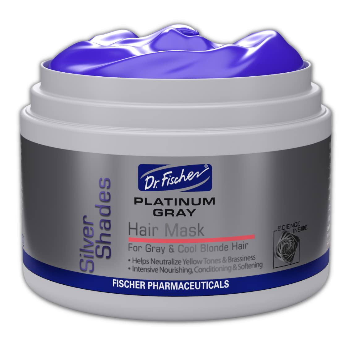 Dr. Fischer Purple Mask bottle neutralizing yellow tones on silver hair