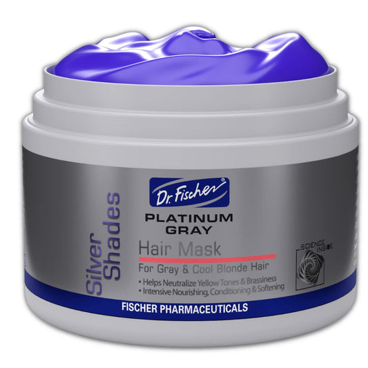 Dr. Fischer Purple Mask bottle neutralizing yellow tones on silver hair