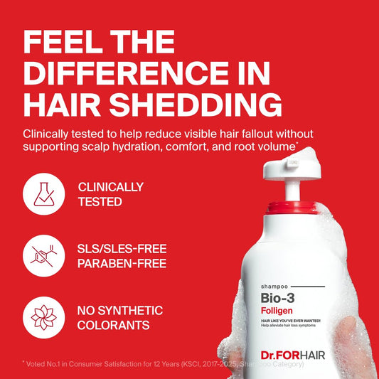 Close-up of DR.FORHAIR label highlighting Folligen Complex for thicker fuller-looking hair