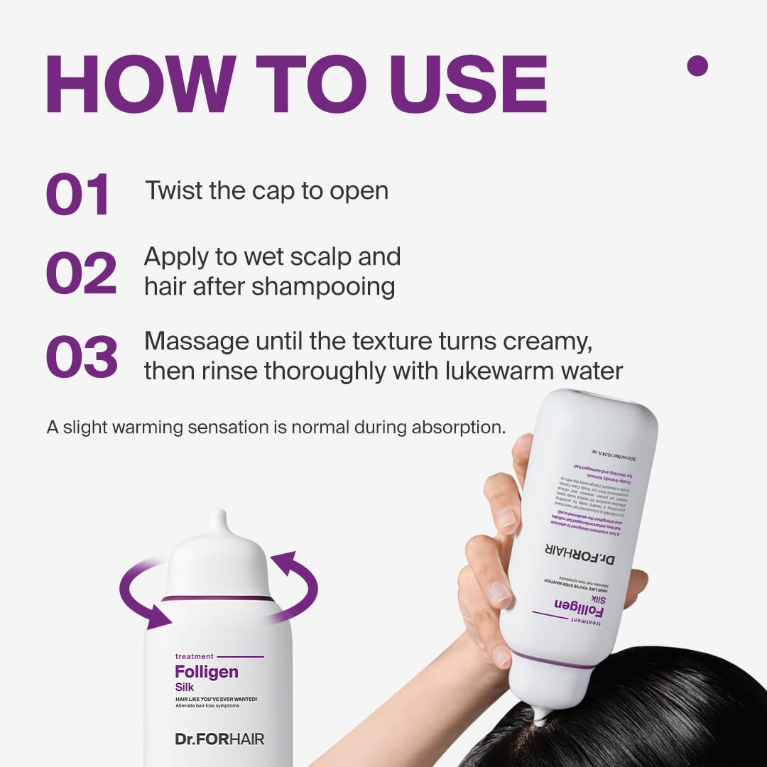 Close-up texture of DR.FORHAIR Silk Treatment showing silky, smooth finish.