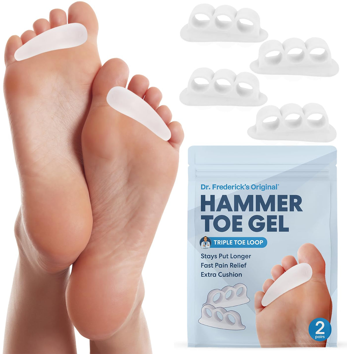 Dr. Frederick's Original Hammer Toe Corrector Gel sits between toes to cushion friction and help alignment.