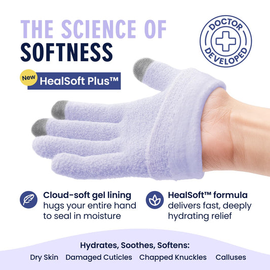 Dr. Frederick's Original Gel Gloves showing HealSoft Plus lining for quick moisturizing effect