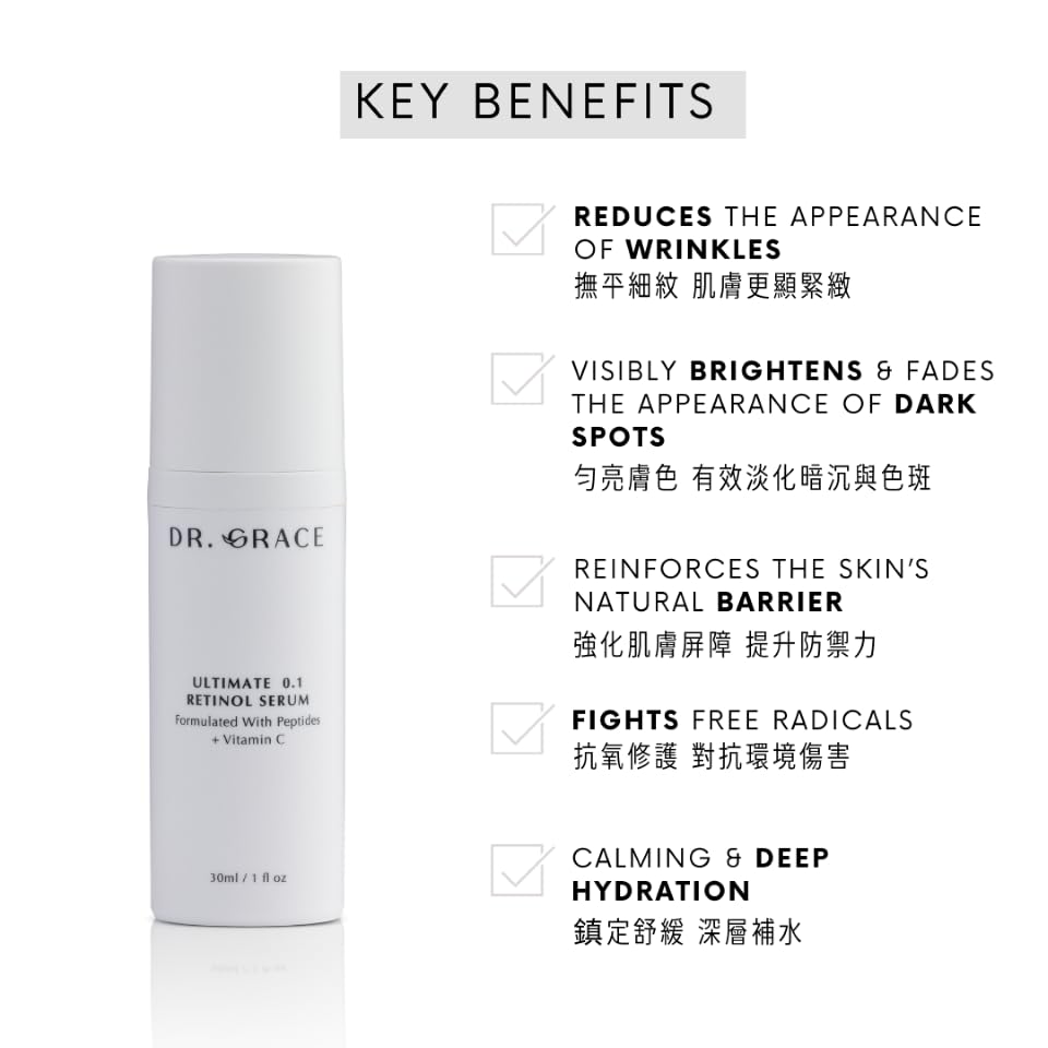 Dr. Grace Ultimate Retinol Serum close-up shows skin texture improvement potential.
