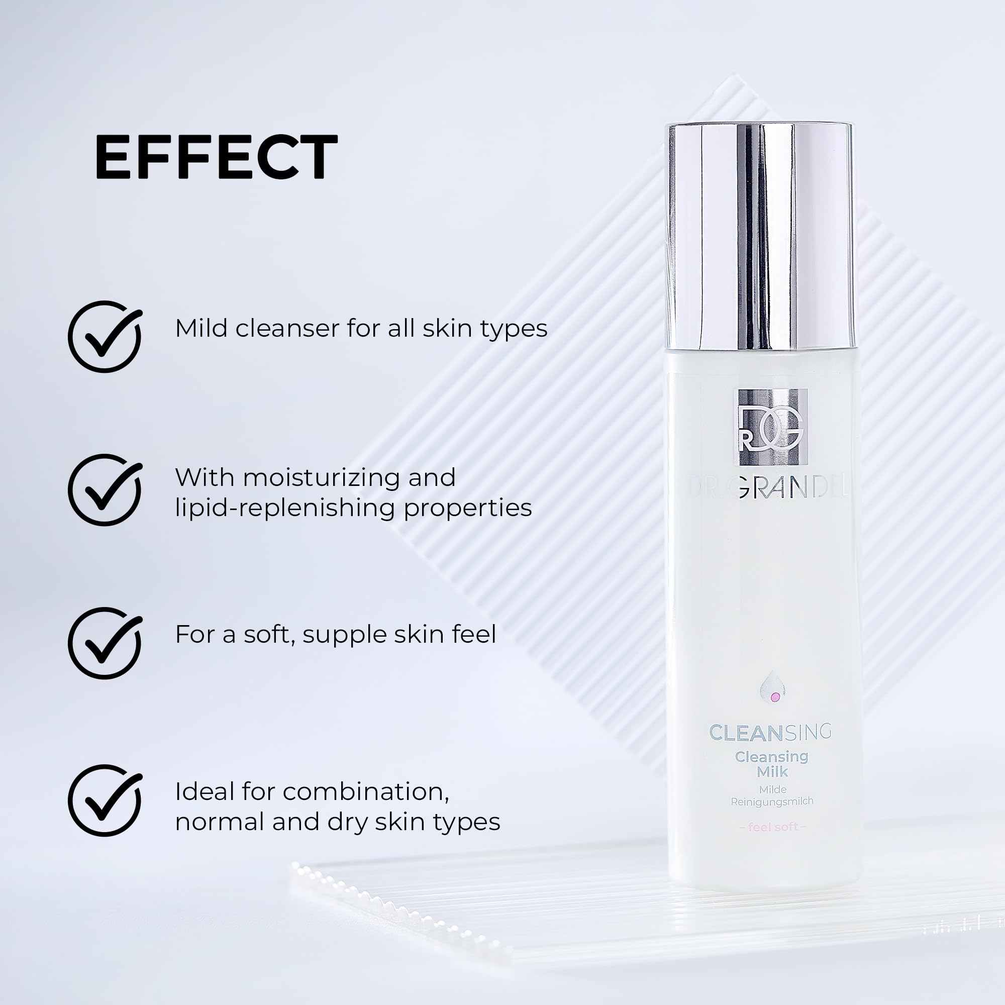 Dr. Grandel Cleansing Milk being applied to the face for mild cleansing.