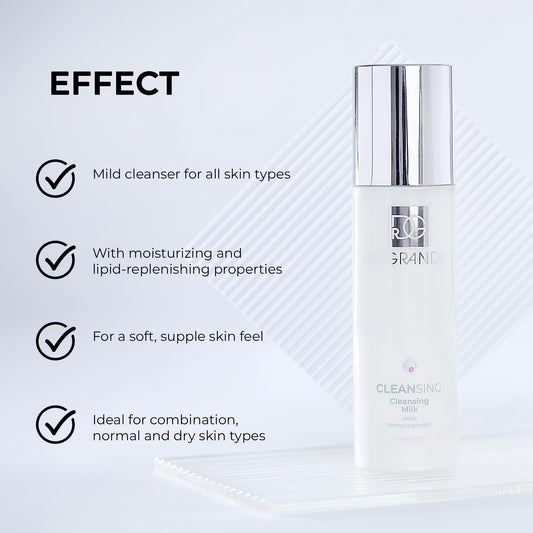 Dr. Grandel Cleansing Milk being applied to the face for mild cleansing.