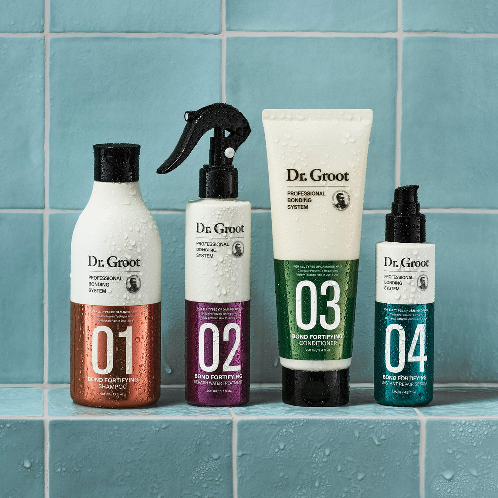 Dr. Groot Bond Serum applying hair scene demonstrates easy usage for damaged hair.