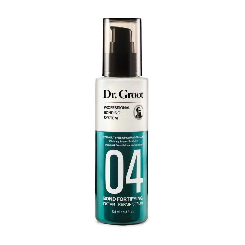 Dr. Groot Bond Serum bottle closeup showing keratin and silk proteins for stronger-looking hair.