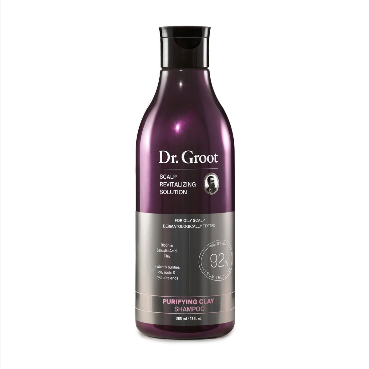 Dr. Groot Purifying Clay Shampoo creates a creamy lather that cleanses the scalp.