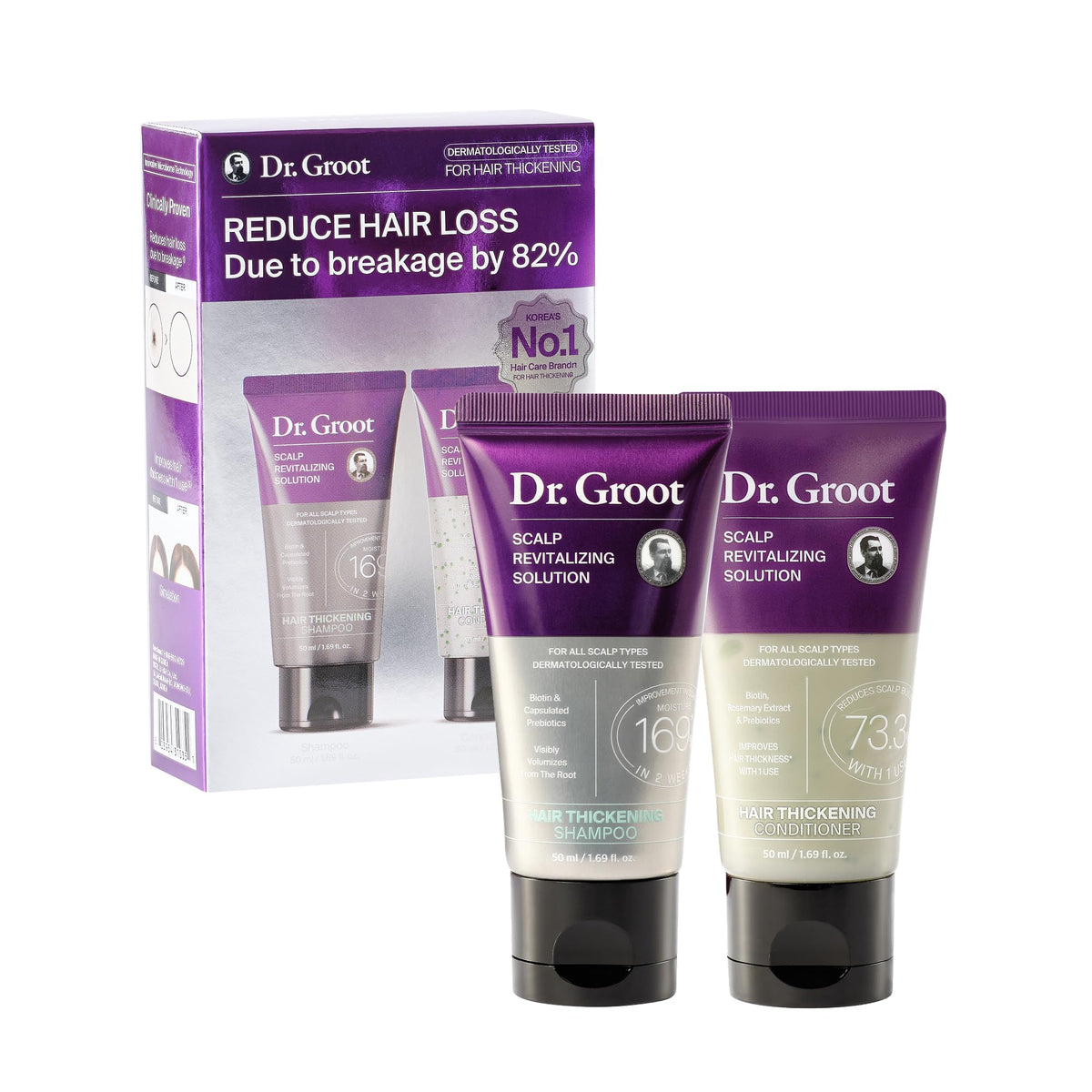 Dr. Groot travel set front packaging showing compact bottles and travel convenience