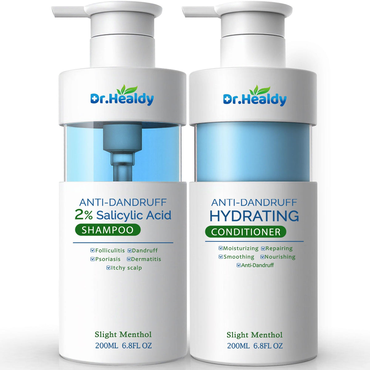 Dr Healdy anti-dandruff shampoo bottle showing 2% salicylic acid for scalp relief.