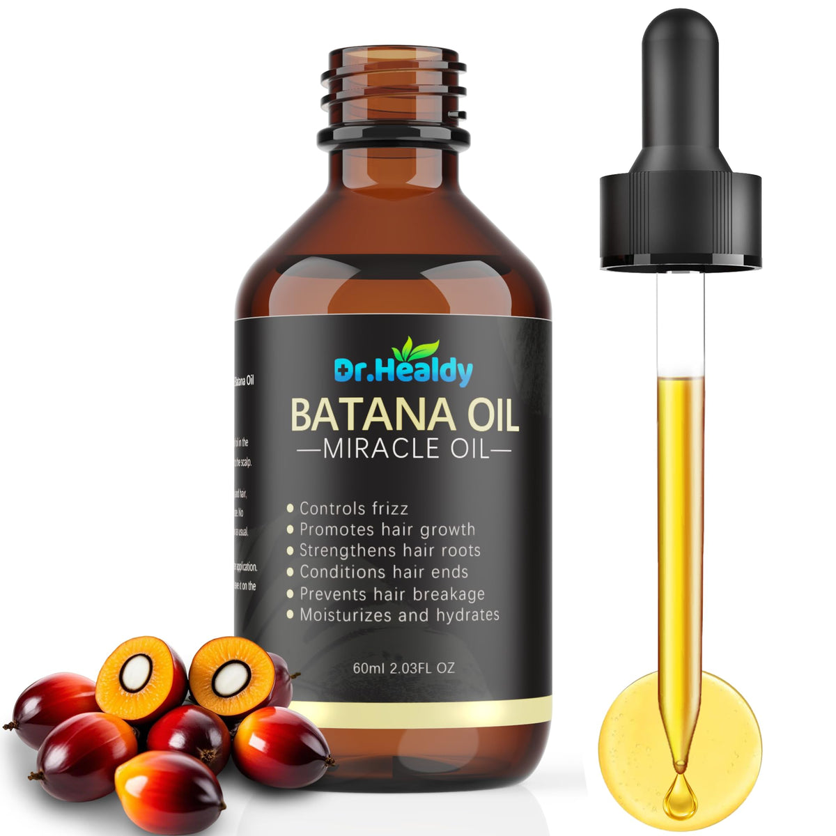 Dr. Healdy Batana Oil bottle close-up showing pure hair growth support.