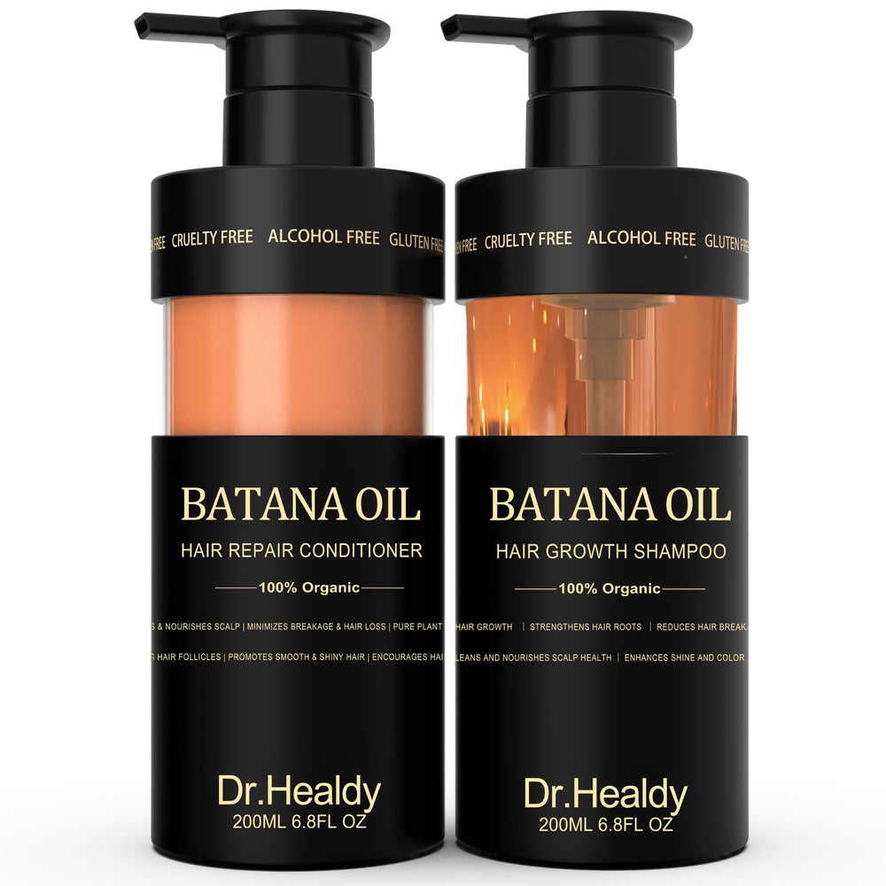 Dr. Healdy Batana Oil Shampoo bottle pour showing rich hydration for hair care.